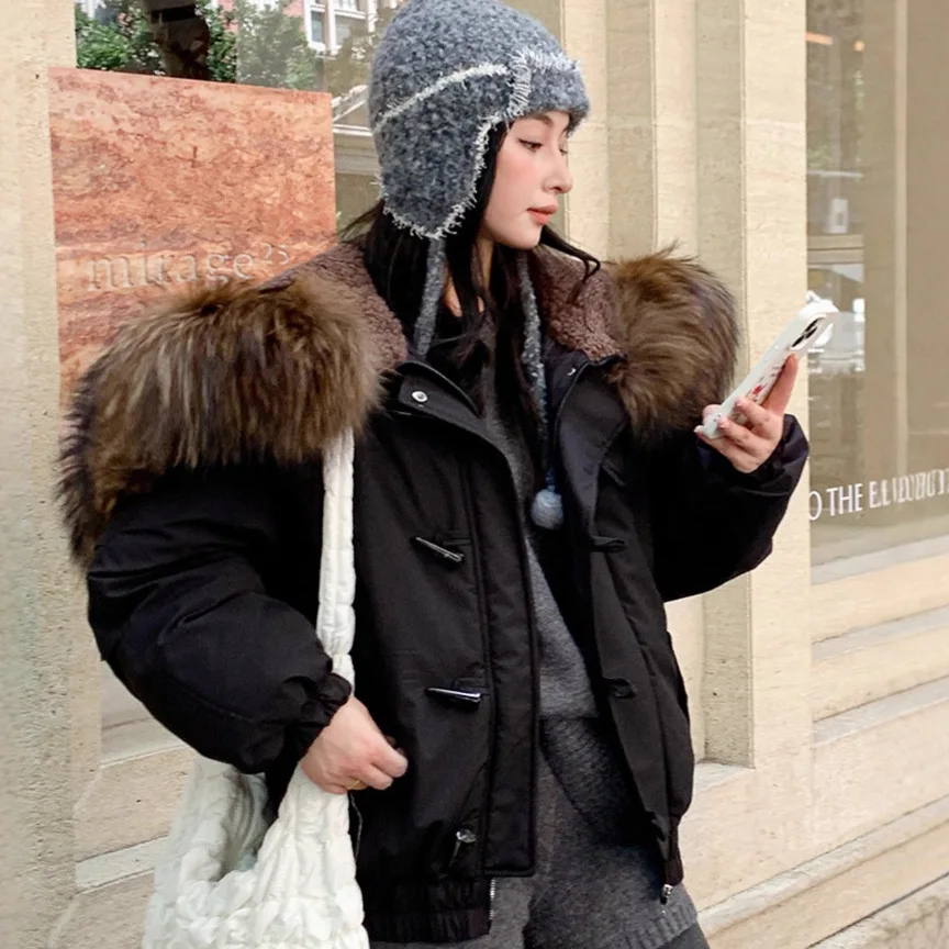 PinkIsBlack Horn Buckle Big Fur Hooded Winter Cotton Padded Jacket Coat Women Parkas Thick Clothes Female Short Casual Outerwear