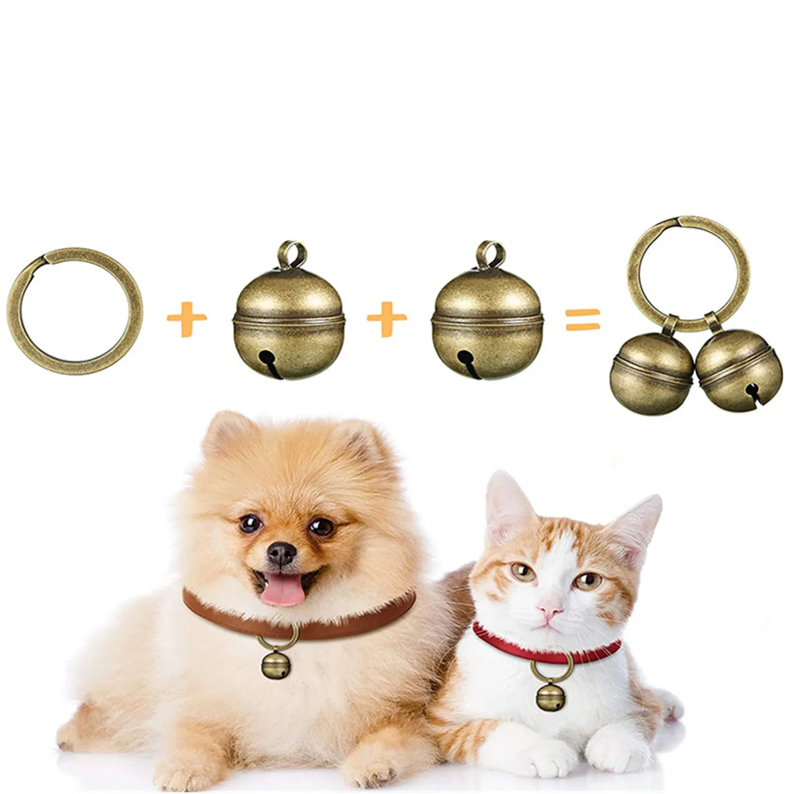 2Strings in 4 Pieces Cat Dog Collar Bells Brass Bells for Collar Dog Charm Bells Pet Pendant with Key Rings For Collars Necklace