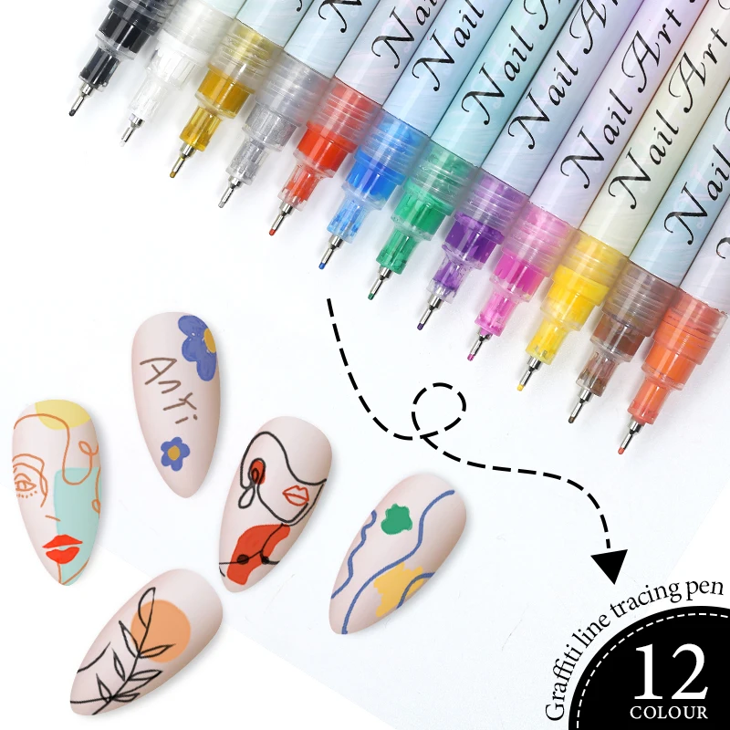 

12 Colors Nail Art Drawing Graffiti Gel Pen Plastic Waterproof Painting Line Brush Marker Pen Nail Manicure Decoration Tools