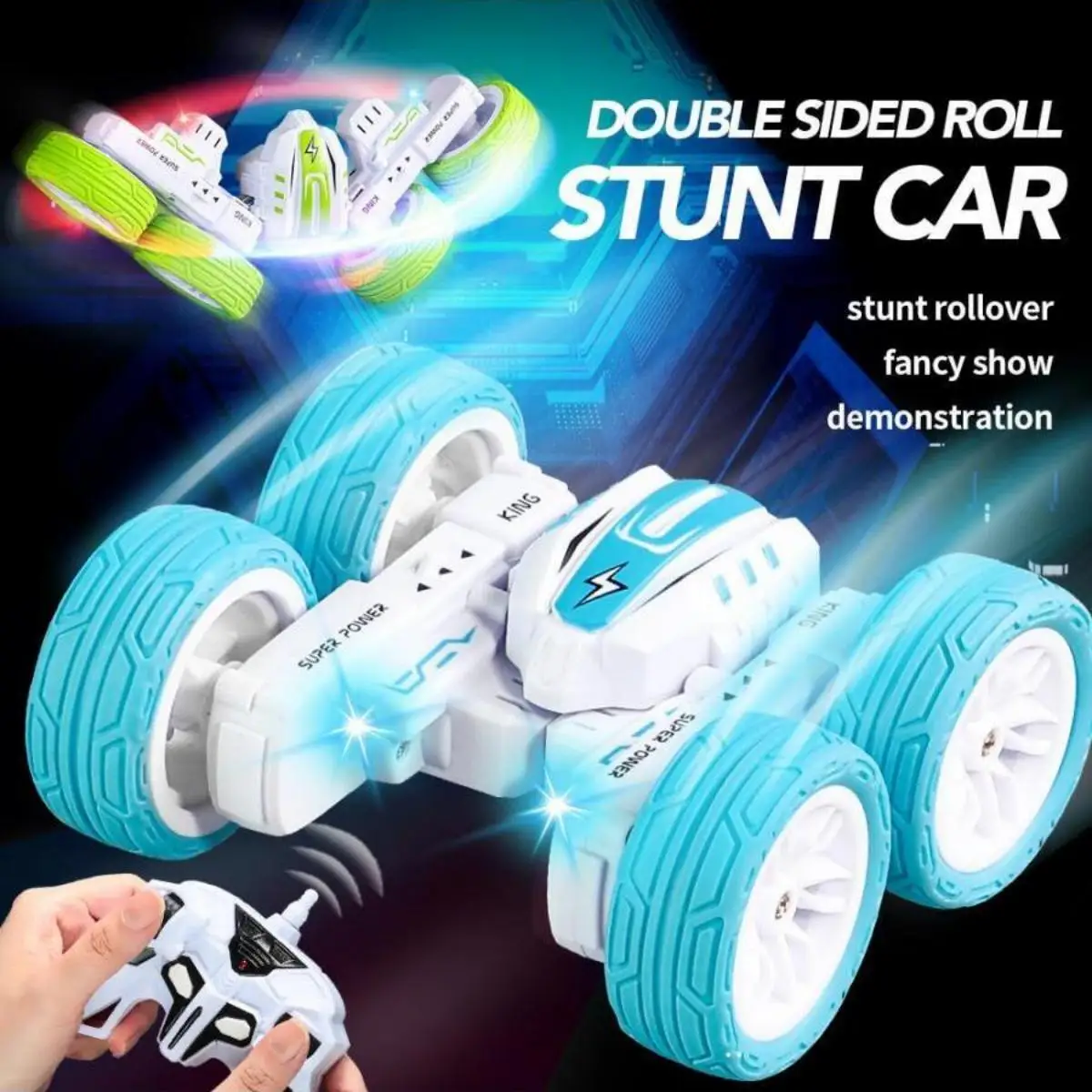 1 PC 2.4G deformed flower double-sided tumbling stunt remote control car 360°rotating LED light children\'s toy car birthday gift