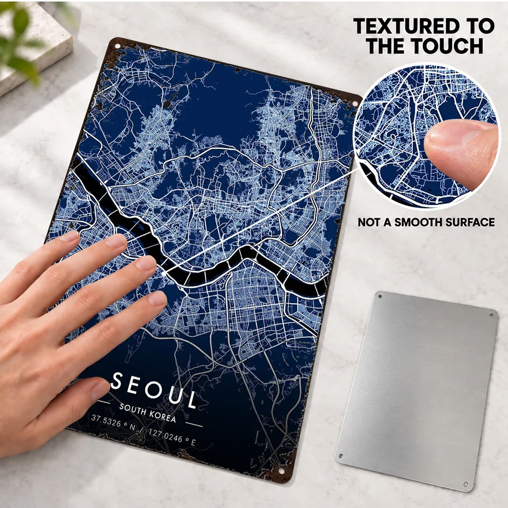 Seoul City Map Blueprint Aluminum Poster Customized Metal Sign Blue Background Street Network Graphic Wall Art For Living Room