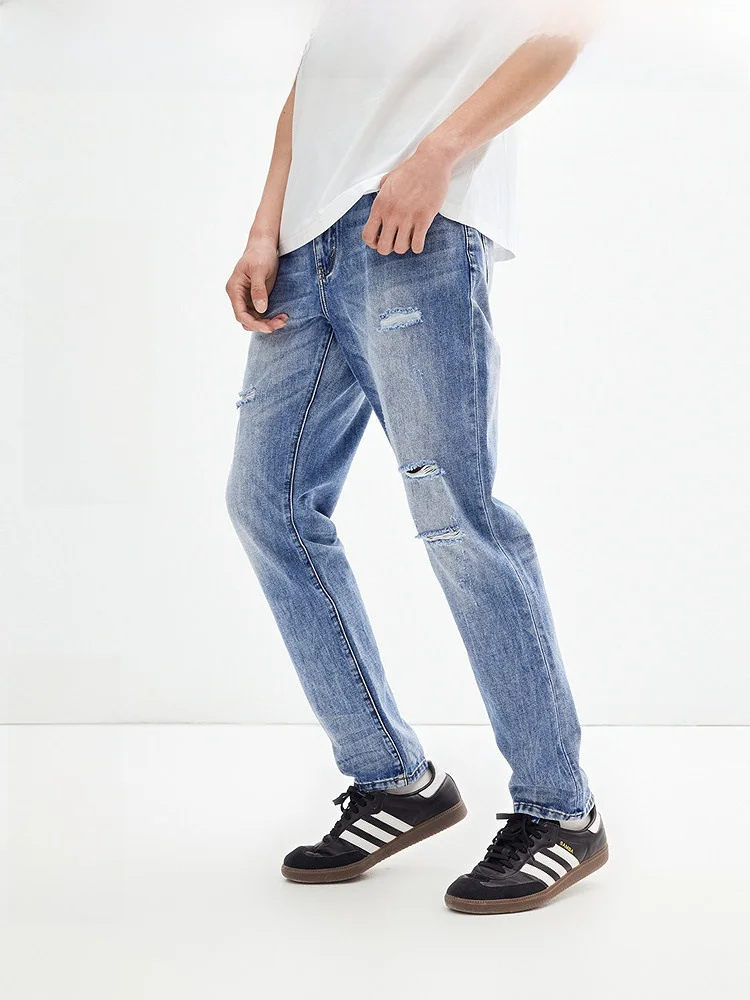 

Мужские повседневные джинсы Peacebird, длинные брюки со средней талией, модные городские американские ретро-джинсы синего цвета, трендовые мужские длинные брюки