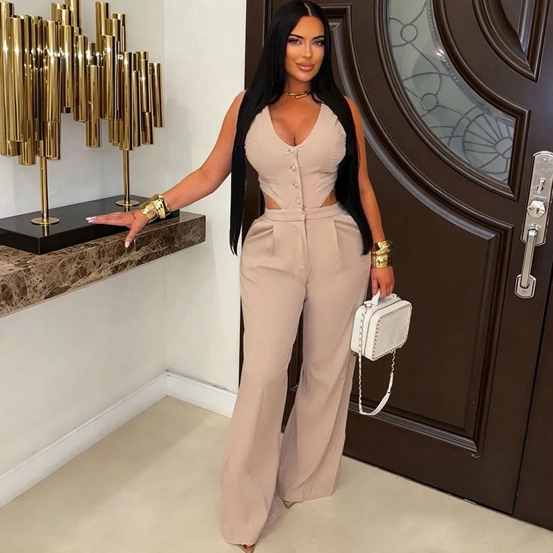 Sexy V-neck Club Party Outfit Woman Jumpsuits and Rompers Sleeveless Hollow Out Single-breasted One Pieces Overalls Combinaison