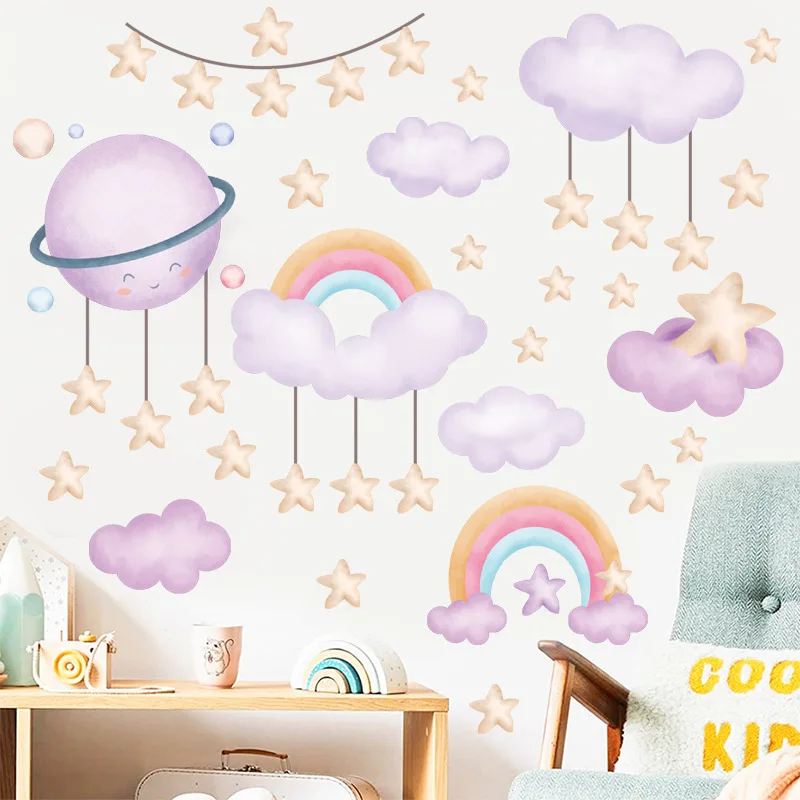 Cartoon Mauve Clouds Rainbow Wall Sticker Gold Star PVC Decals Self-adhesive for Baby Girls Bedroom Kids Room Nursery Decoration