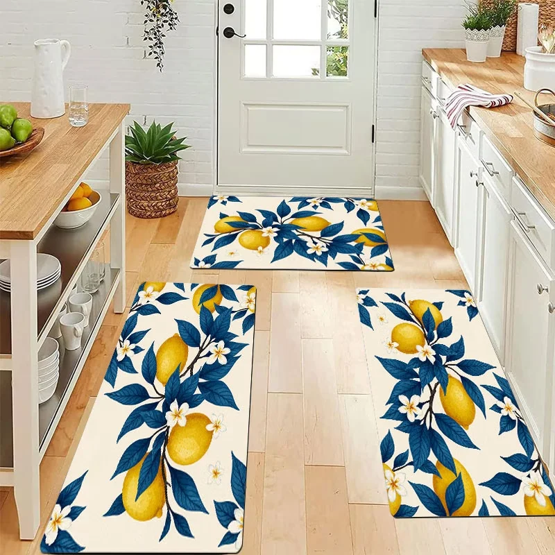 Spring Vitality Küchenmatte, Küchenmatte im Zitronen-Blumen-Stil, rutschfest, weich, bequem, leicht zu reinigen, für Badezimmer, Fußmatte, Schlafzimmer