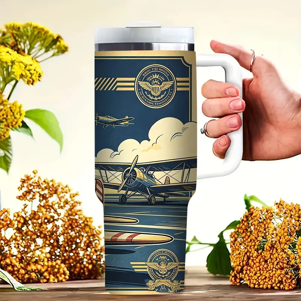 Vintage Cute Corgi Aircraft Printed 40oz Tumbler with Handle, Suitable for Dog And Aviation Lovers, Fits Hot And Cold Drinks, Ideal for Daily Use, Outdoor Travel And Indoor Activities