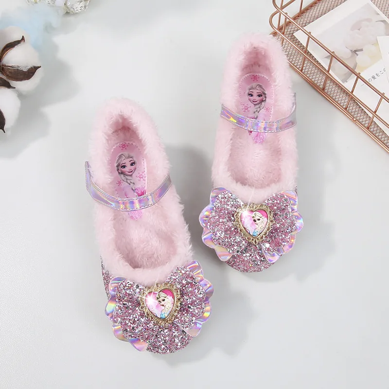 Disney Princess Kids Warm Winter Shoes for Girls Elsa Casual Glitter Children Flat Heel Girls Shoes Butterfly Knot Blue Pink