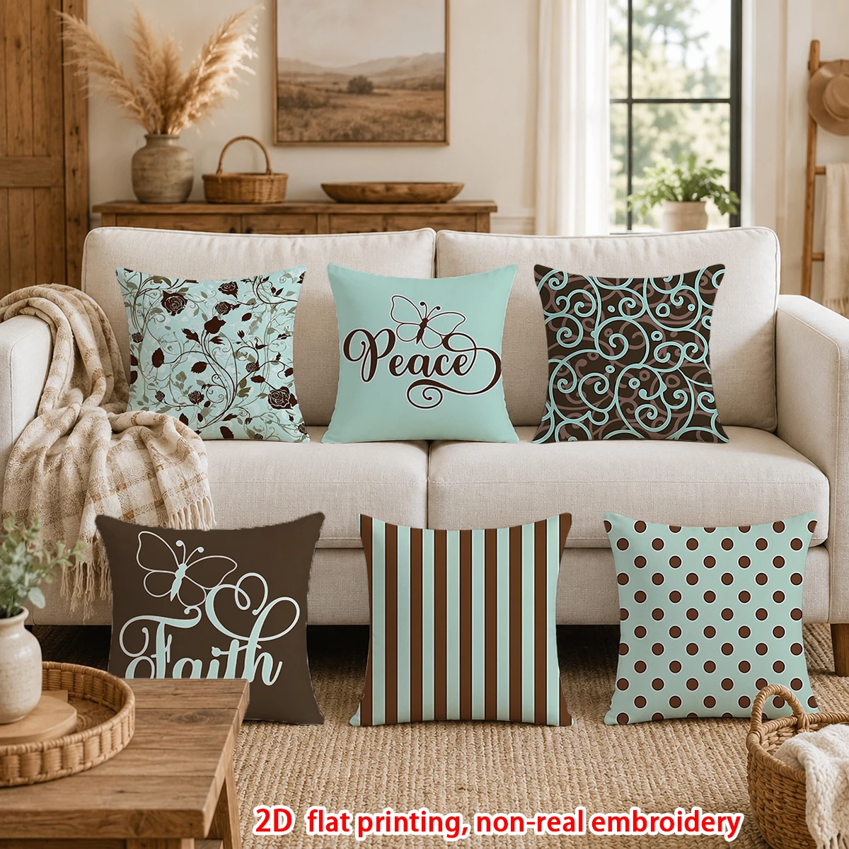 1pc  Rustic Teal Brown Decorative Throw Pillow Covers, Boho Floral Striped Polka Dot Square Cushion Cases for Sofa Bedroom