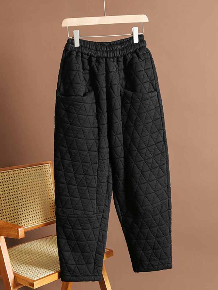 Pantalones largos acolchados de rombos para mujer, ropa de abrigo de cintura alta, gruesos, cálidos, informales, bombachos, a la moda, novedad de invierno, 2024