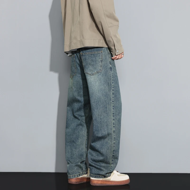 الرجال جينز غير رسمي الخريف جديد الكورية فضفاض بلون بنطلون مستقيم Vintage شخصية الذكور واسعة الساقين الدنيم السراويل