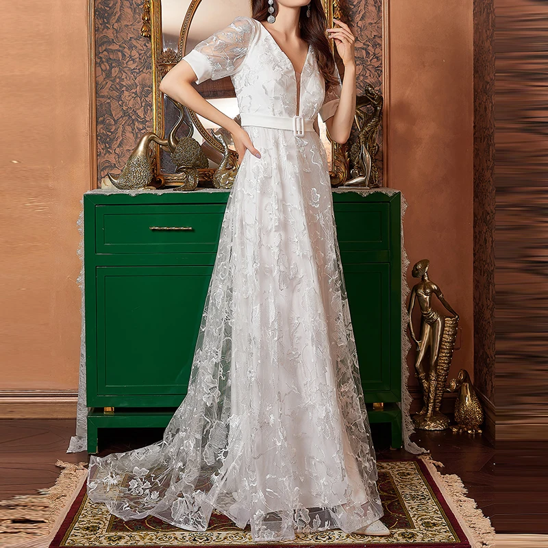 

Elegant V-neck Short Sleeve Wedding Dress Women Fashion Hight Waist Banquet Dress Sexy Floral Embroidery Hight Waist Maxi Dress