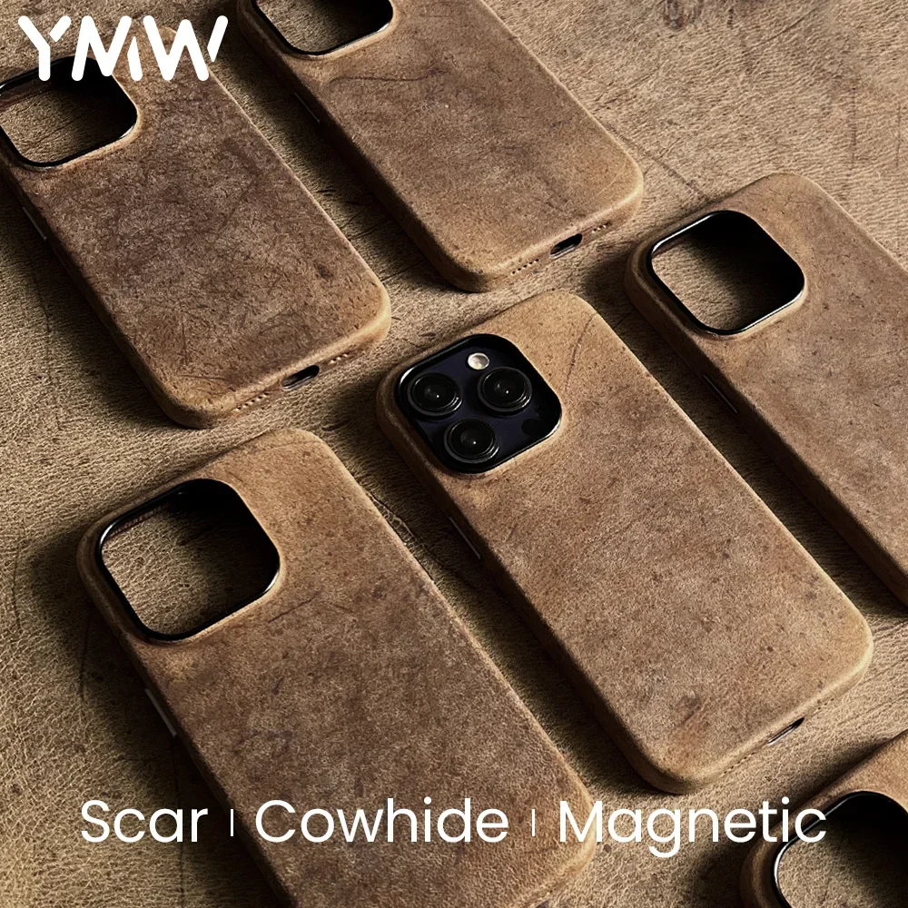 

YMW Scars Crazy Horse Genuine Leather Case for iPhone 16 Pro Max 15 14 13 Mini Magnetic PULL-UP Frosty Cowhide Phone Cover