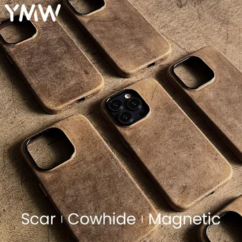 YMW Scars Crazy Horse Funda de cuero genuino para iPhone 16 Pro Max 15 14 13 Mini PULL-UP magnético cubierta de teléfono de piel de vaca escarchada