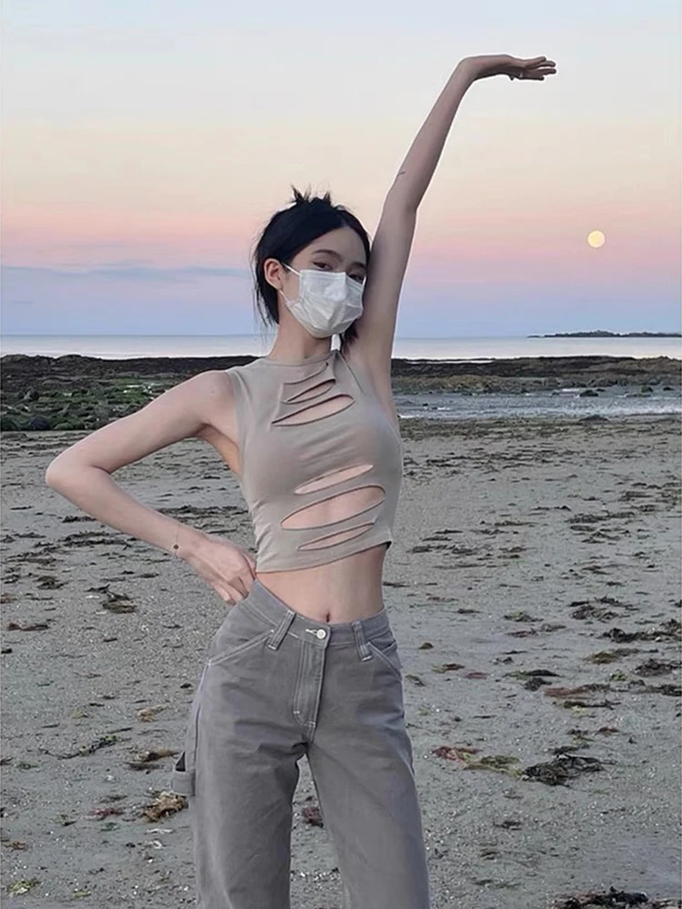Sexy Hollow out Ripped Tank Top Women's Spring Summer Slim Fit Sleeveless Cut out Base Shirt Hot Girl Tight Cotton Blend Stre...