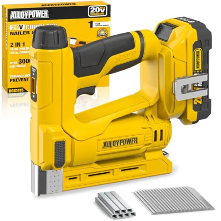 Upholstery DIY cordless brad nailer/stapler alloy body black 2-in-1 functionality with 2.0Ah battery 2000 staples/nails include