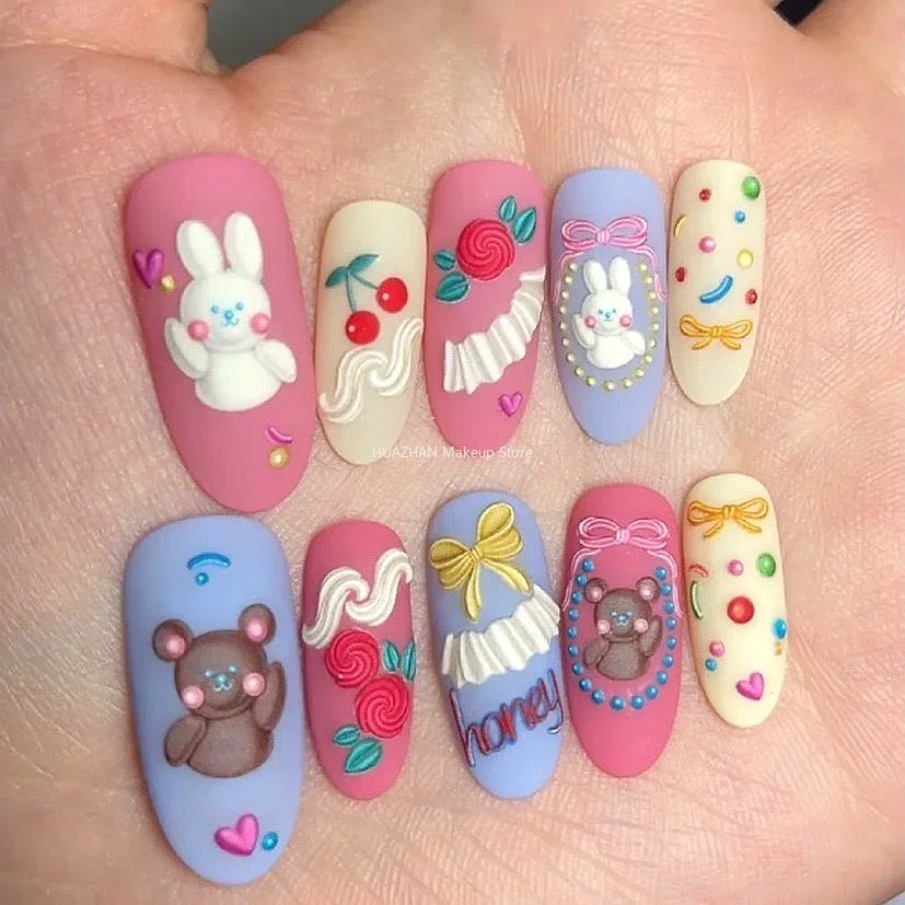 Handmade Kawaii 3D Cartoon Short False Nails Tips Y2K Press On Nails Art Long Coffin Stiletto Reusable Fake Nail With Glue Gift