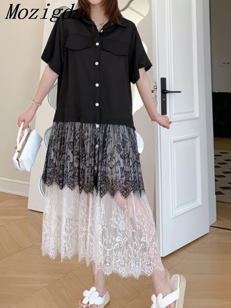 Summer Fashion Women Cothes Turn-down Collar Short Sleeves Lace Spliced Single Breasted Shirt Dress Ladies Dresses Tide