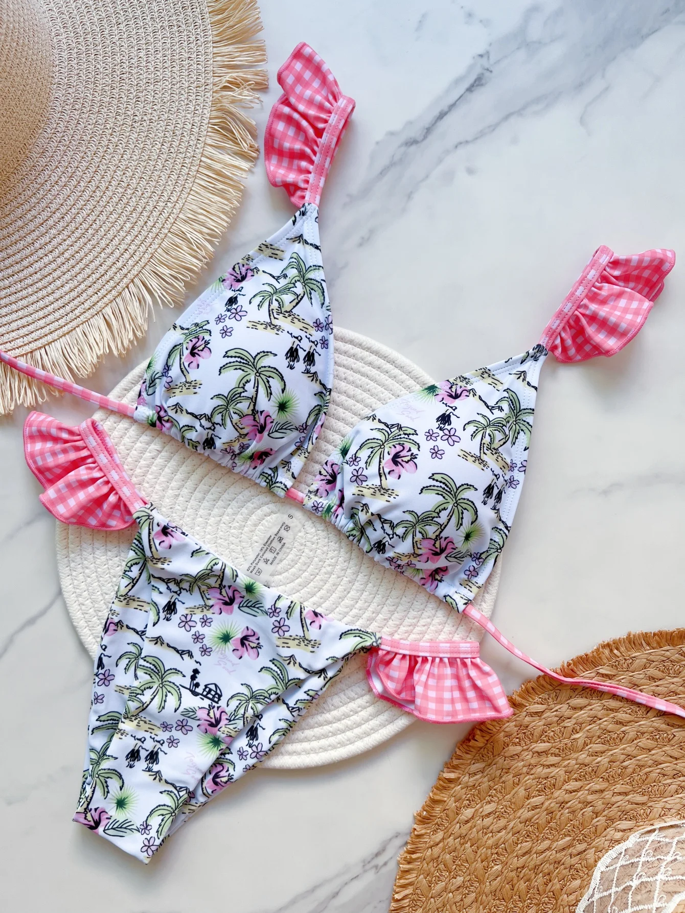 

2025 Printed Ruffled Frilled High Leg Cut Bikini Women Swimwear Female Swimsuit Two-pieces Bikini set Bather Bathing Suit