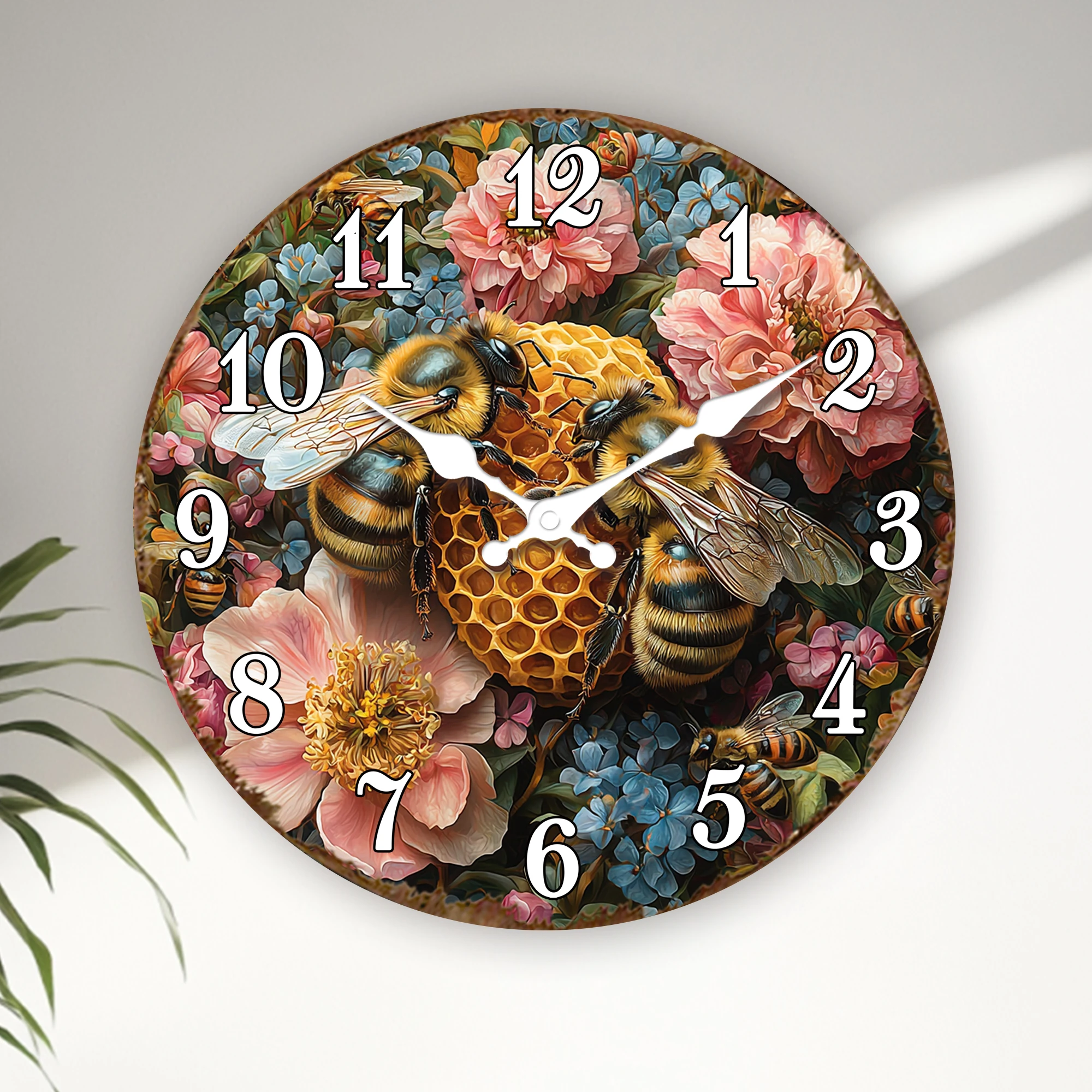 Bumblebees on Honeycomb Wall Clock - Floral Garden with Bees Scene - Silent Non-Ticking Nature Inspired Round Clock