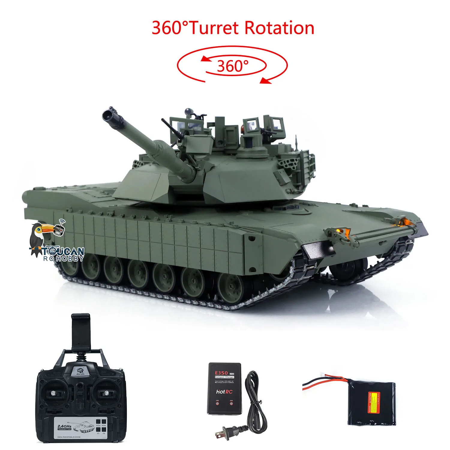 TUSK I TOUCAN 1:16 Metal M1A2 Abrams RC Tanque 360 Torreta Rotação IR Barril Elevação Recoil Unidades de Fumaça Dupla Periscópio Elétrico