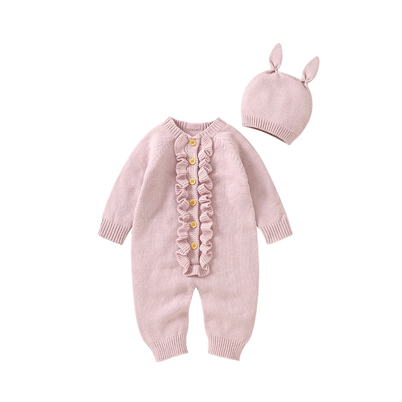 0-18m Baby Rompers Jumpsuits Fashion Solid Color Knitting Newborn Infant Boys Girls Playsuits Hats Clothes Autumn Winter Outfits