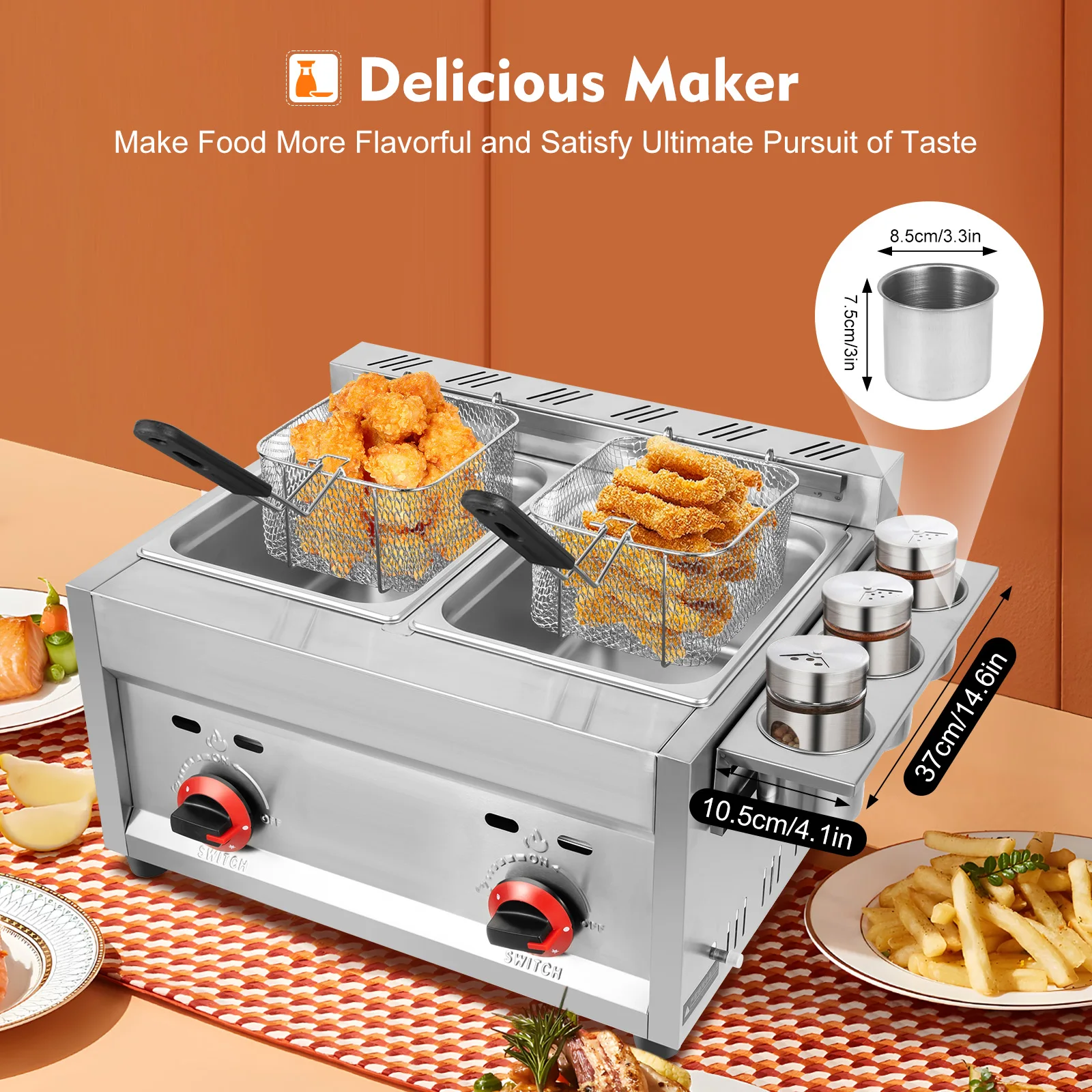 Commercial Gas Deep Fryer 12L Countertop Stainless Steel Dual Tank Kitchen Frying Machine w/2 Removable Baskets & Lid