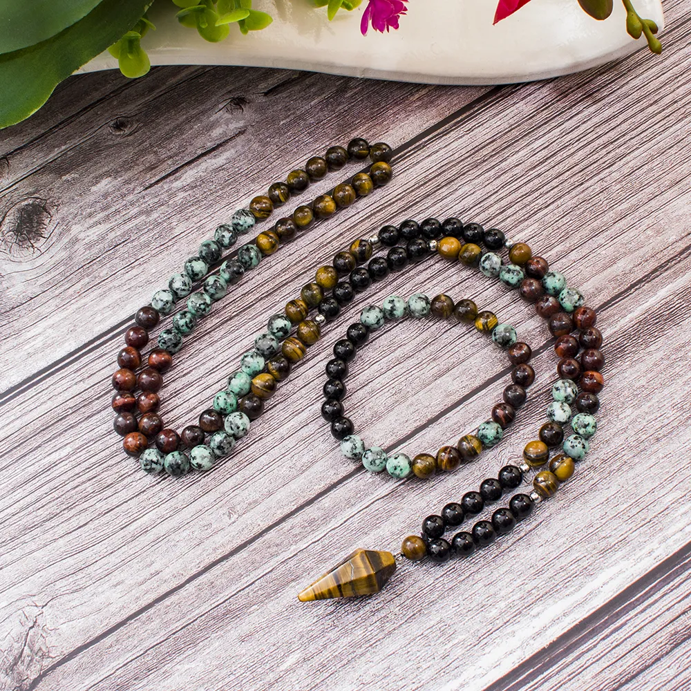 

8mm Black Onyx African Turquoise Beads 108 Mala Necklace Meditation Yoga Prayer Japamala Set with Tiger Eye Pendant Jewelry