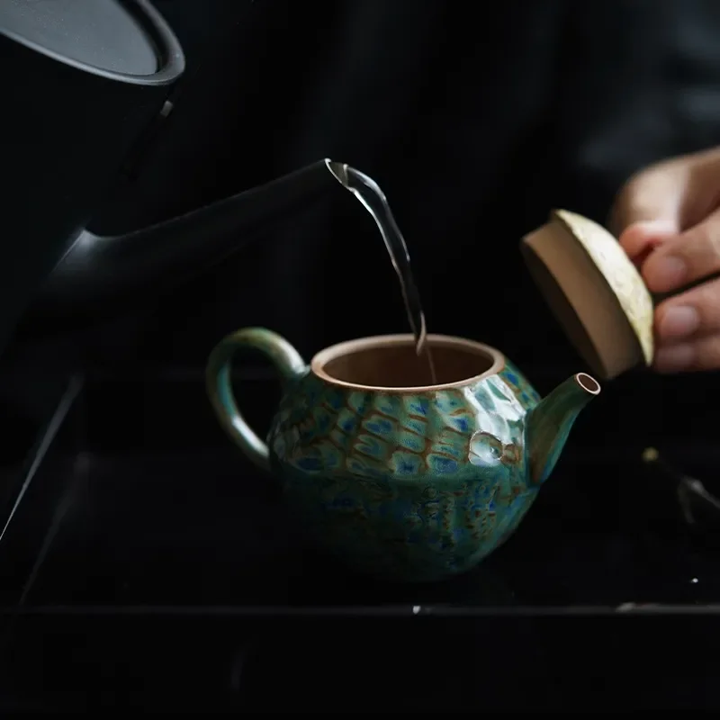 Retro Green Glaze Teapot Handmade Coarse Pottery Kung Fu Tea Set Creative Color Contrast Hand Held Pot Traditional Chinese