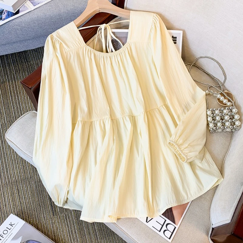 

Женские свободные рубашки с длинным рукавом, блузки больших размеров, корейские милые топы на шнуровке с квадратным воротником, облегающие талию