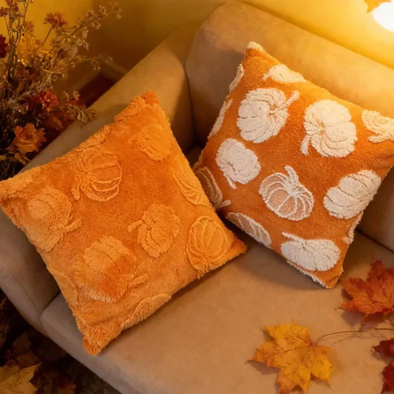 Pumpkin plush pillow cover three-dimensional jacquard cushion cover, Halloween Thanksgiving home sofa decoration cushion