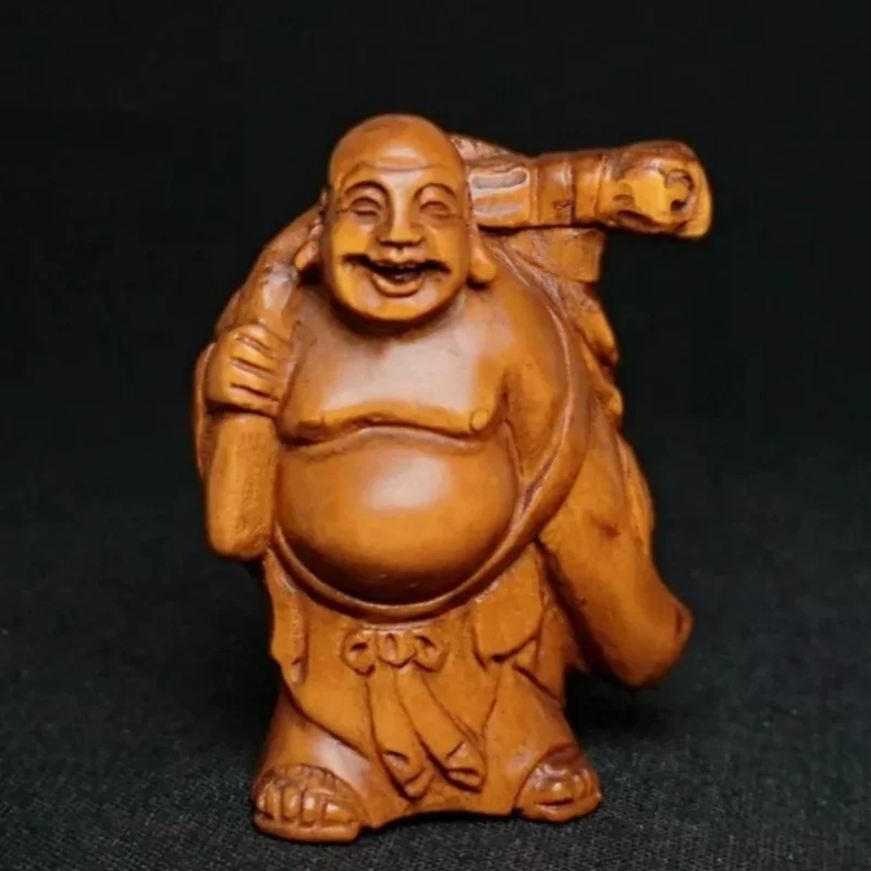 

2 Inch Signed Hand Carved Boxwood Maitreya Buddha Statue Netsuke Gift Collection