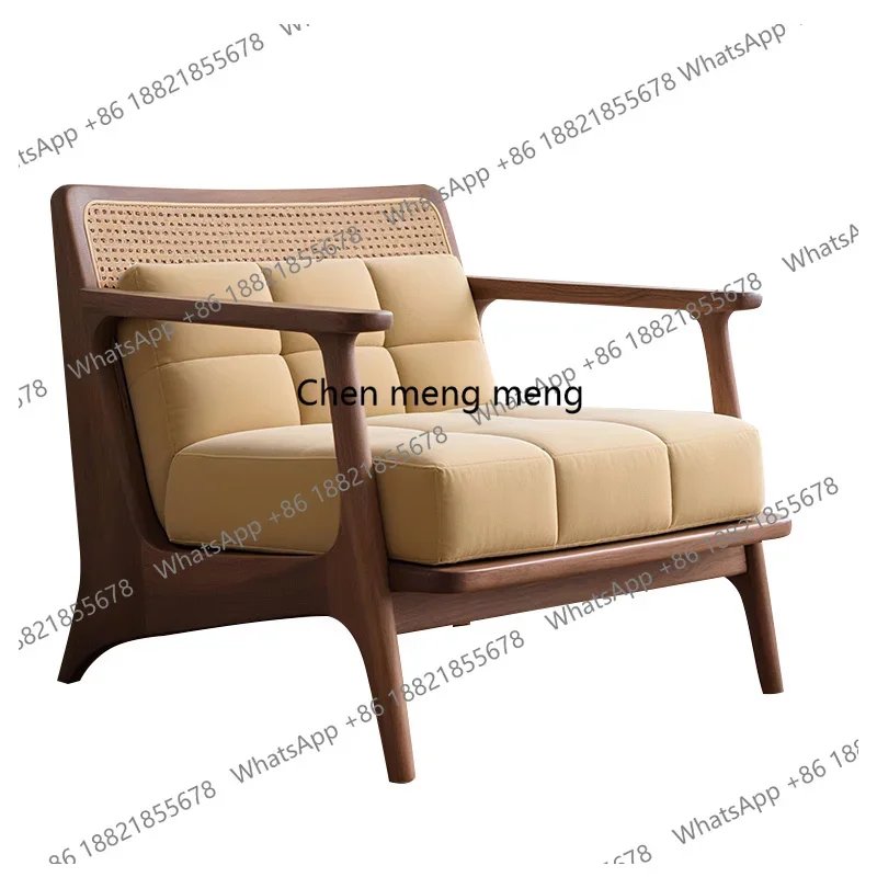 

New Chinese Style Solid Wood Sofa Chair Leisure Living Room New Walnut Wood Rattan Single Chair