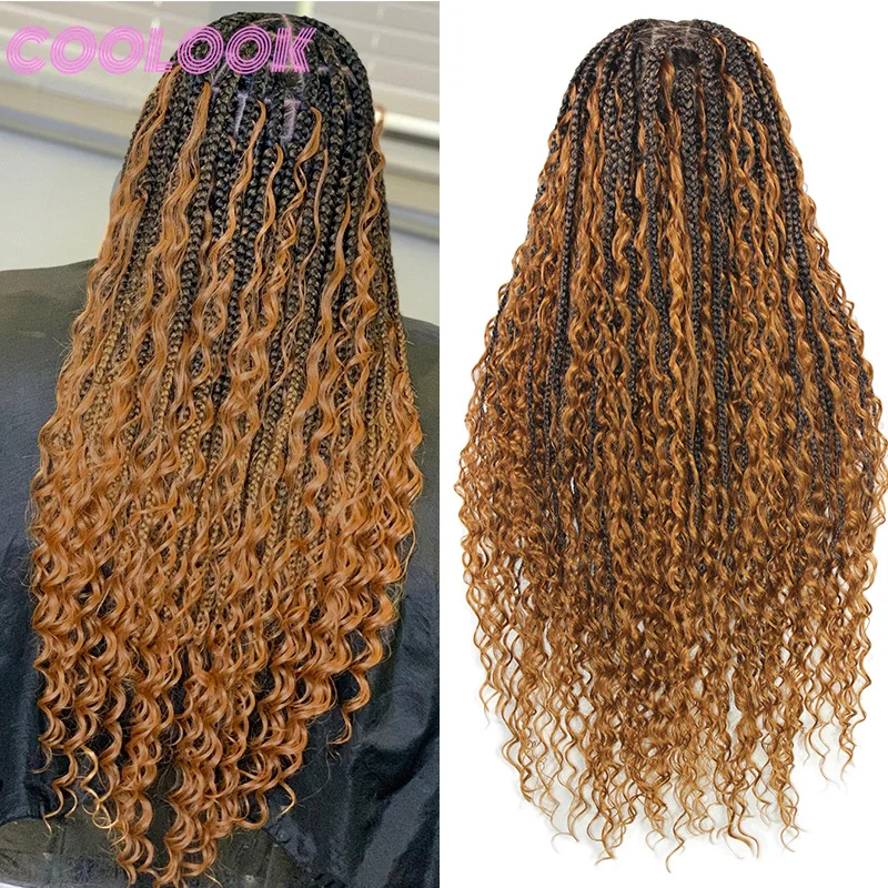 32 inch Boho Braided Synthetic Full Lace Wigs Blonde Color Goddess Locs Wig Box Braids Wig Bohemian Lace Frontal Wig Braids Wig