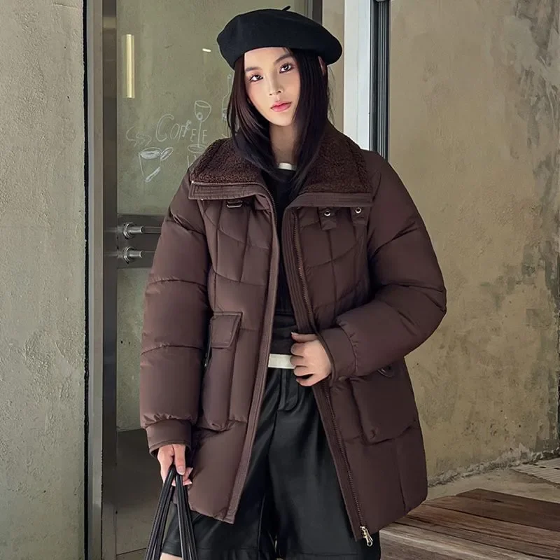 Parka inverno calor jaqueta acolchoada feminina comprimento médio superior casaco de neve plus size solto moda nova