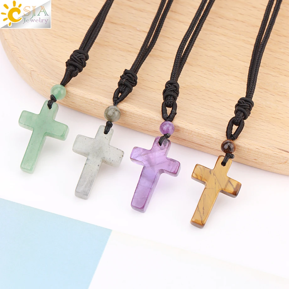 CSJA Natural Stone Cross Pendant Necklace for Man Healing Tiger Eye Amethysts Crystal Necklaces for Women Jewelry Gift H254