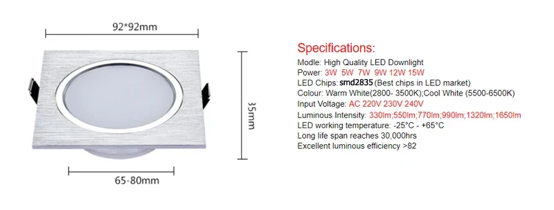 square LED Downlight  7W 9W 12W Recessed  down Lamp 220V 230V 240V Led Bulb Bedroom Kitchen Indoor LED Spot Lighting