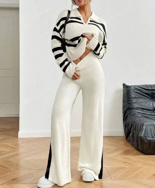 

Casual Fashion Versatile Striped Collar Knitted Sweater Autumn Women's Fashion Elegant Short Loose Long Sleeve Knitted Sweater