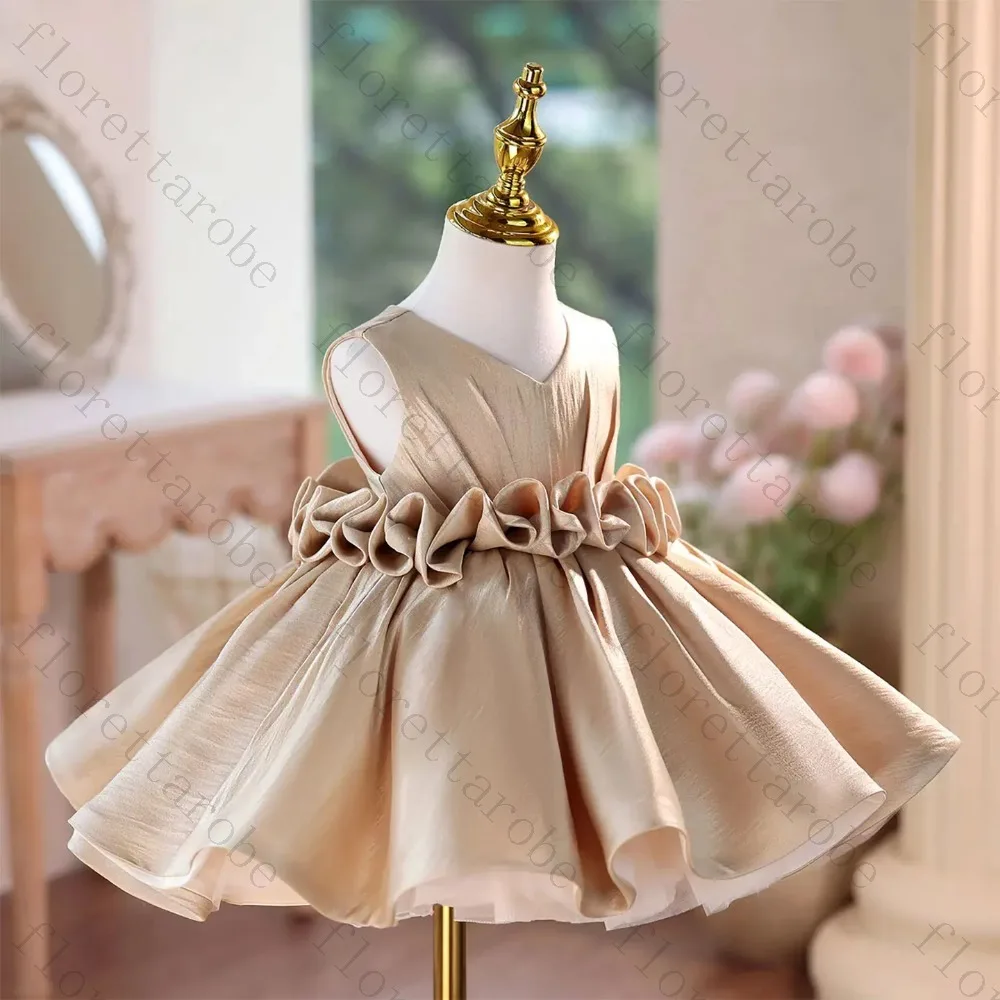 Customized A-line Champagne Sleeveless Short Flower Girl Dress Satin V-neck Kids Birthday Party Graduation Prom Ball Gown