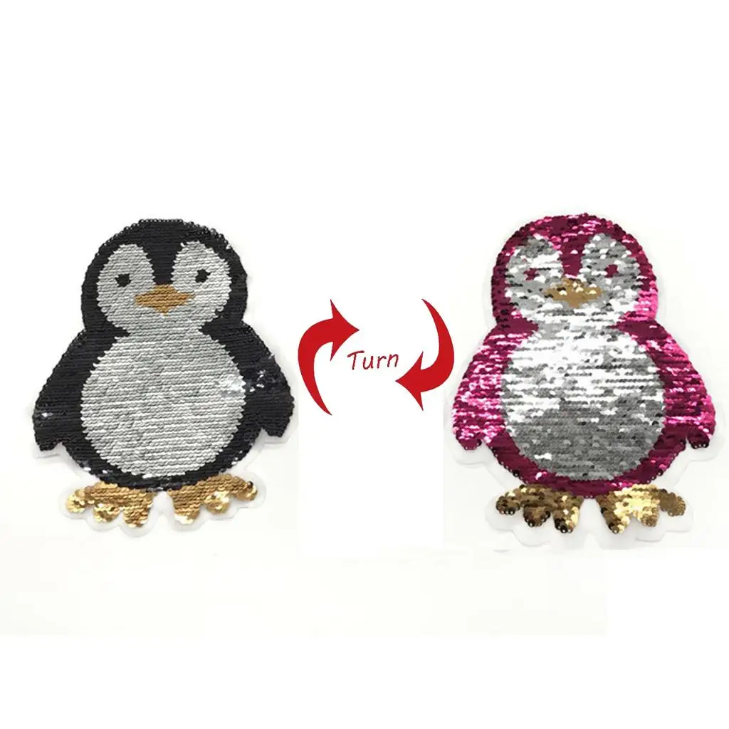 Penguin Reversible Change Color Sequin Sewing On Patches Clothes DIY Embroidered Motif Applique Craft for Jeans, T-shirts