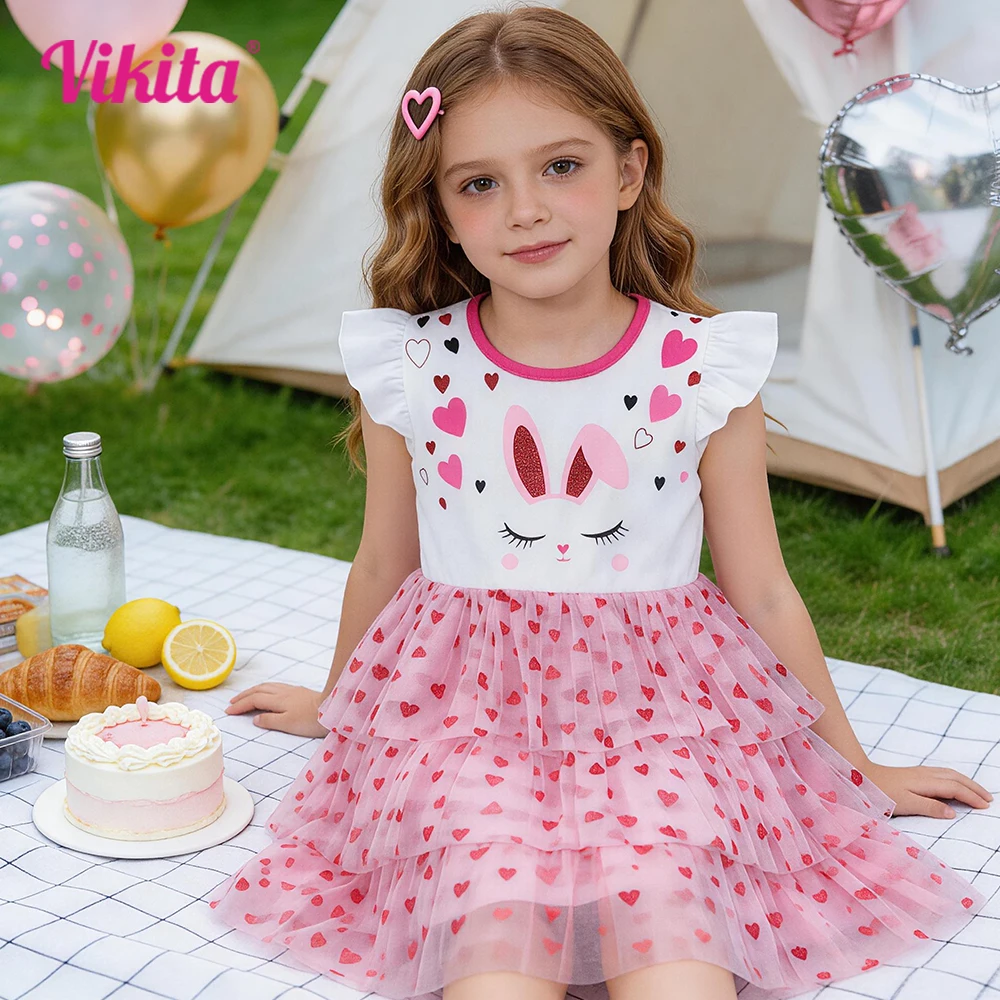 Kleinkinder Kleider Kinder Kaninchen Hase Herzform Druck Rüschenärmel Sommer geschichtetes rosa Tüll Mesh festliches Prinzessin Tutu Kleid