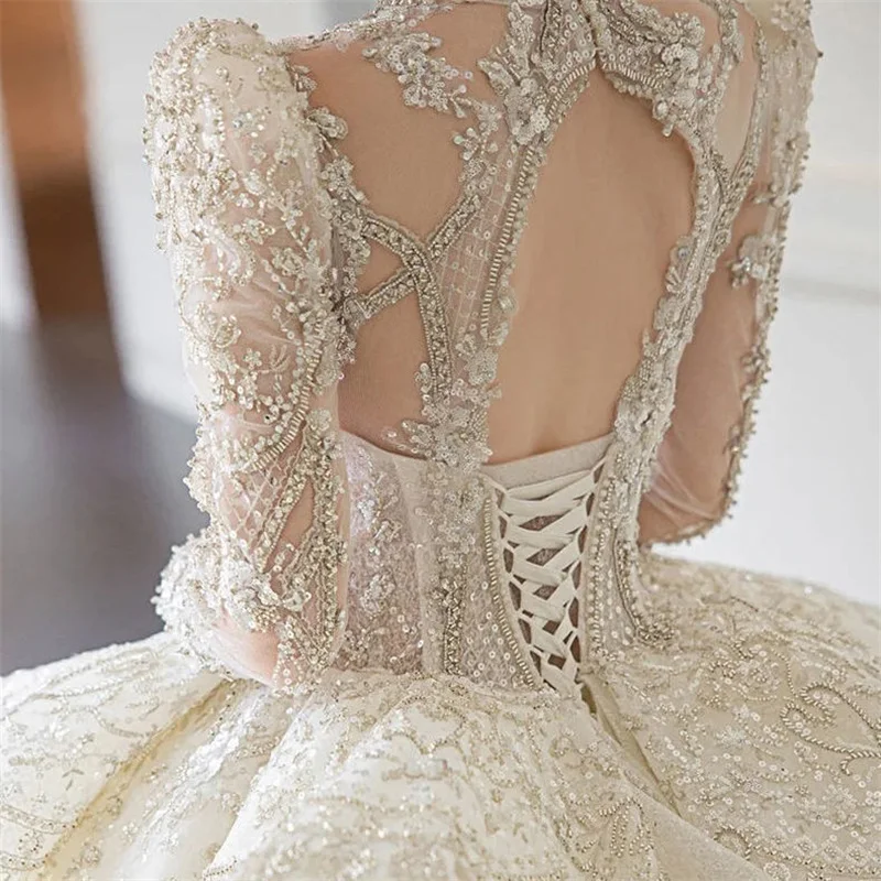 Robe de Mariée de Dubaï à Manches sulfet Col Haut, Tenue de Bal, de Luxe, en Clip, pour Patients, à Paillettes et Perles