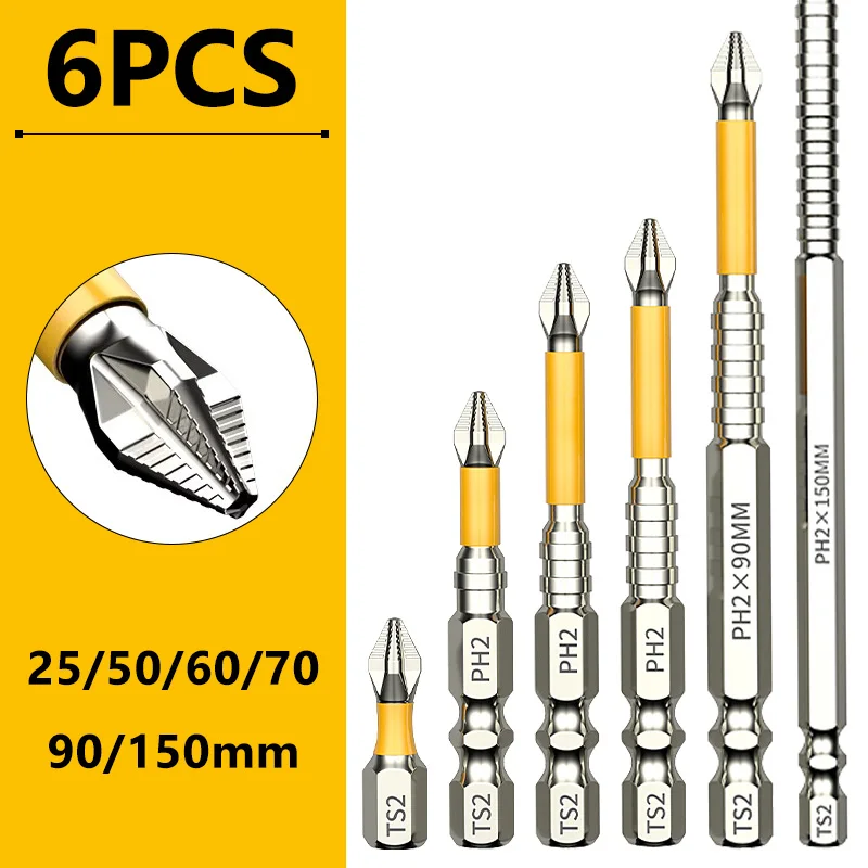 

6pcs Non-slip PH2 Magnetic Batch Head Cross Screwdriver Hardness Drill Bit Screw Driver Hand Tools 25/50/65/70/90/150mm