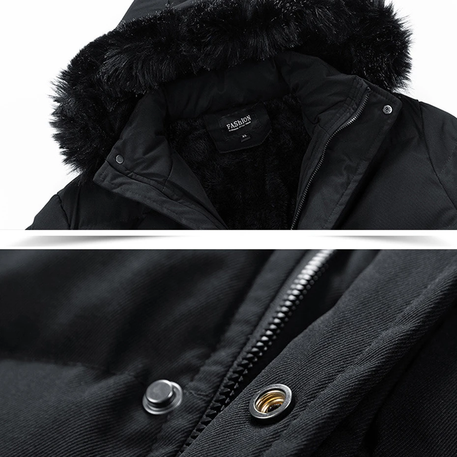 Winter Long Parkas Men Thick Fleece Padded Jacket Solid Color Fashion Casual Winter Warm Coat Male Hooded Parkas Black