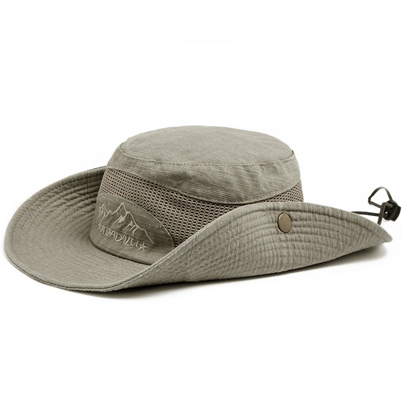 Men Summer Bucket Hat For Outdoor UV Protection Cotton Mesh Cap Panama Jungle Fisherman Hiking Travel Beach With Windproof Rope