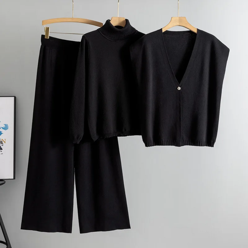 

Повседневный вязаный свитер с высоким воротником, кардиган, жилет, комплект широких брюк для женщин, модная весенне-осенняя одежда из Китая