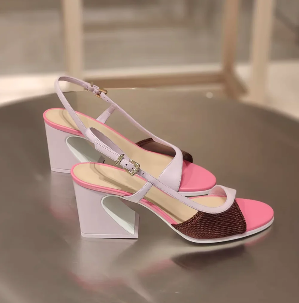 

Multi-Color Contrasting Design Block Heel Round-Toe Sandals Adjustable Ankle Strap Open-Toe Summer New High Heels Sandals