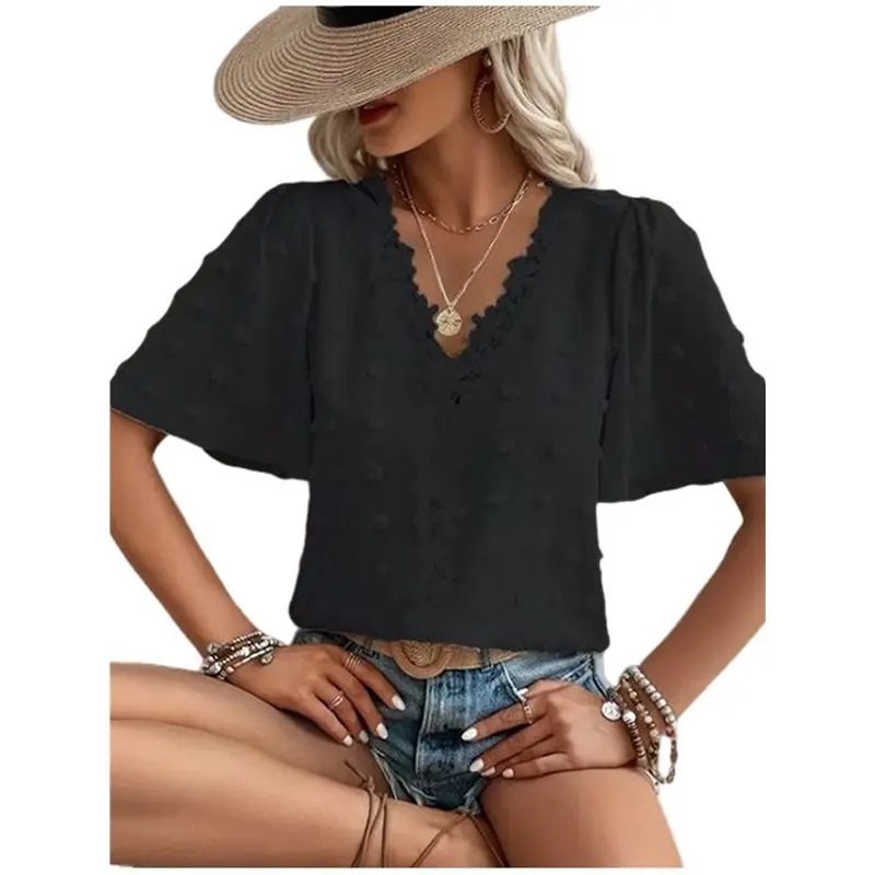 

NEW-Women Loose Fit Blouse V Neck Lace Trim Raised Dot Textured Fabric Casual Short Sleeve Top