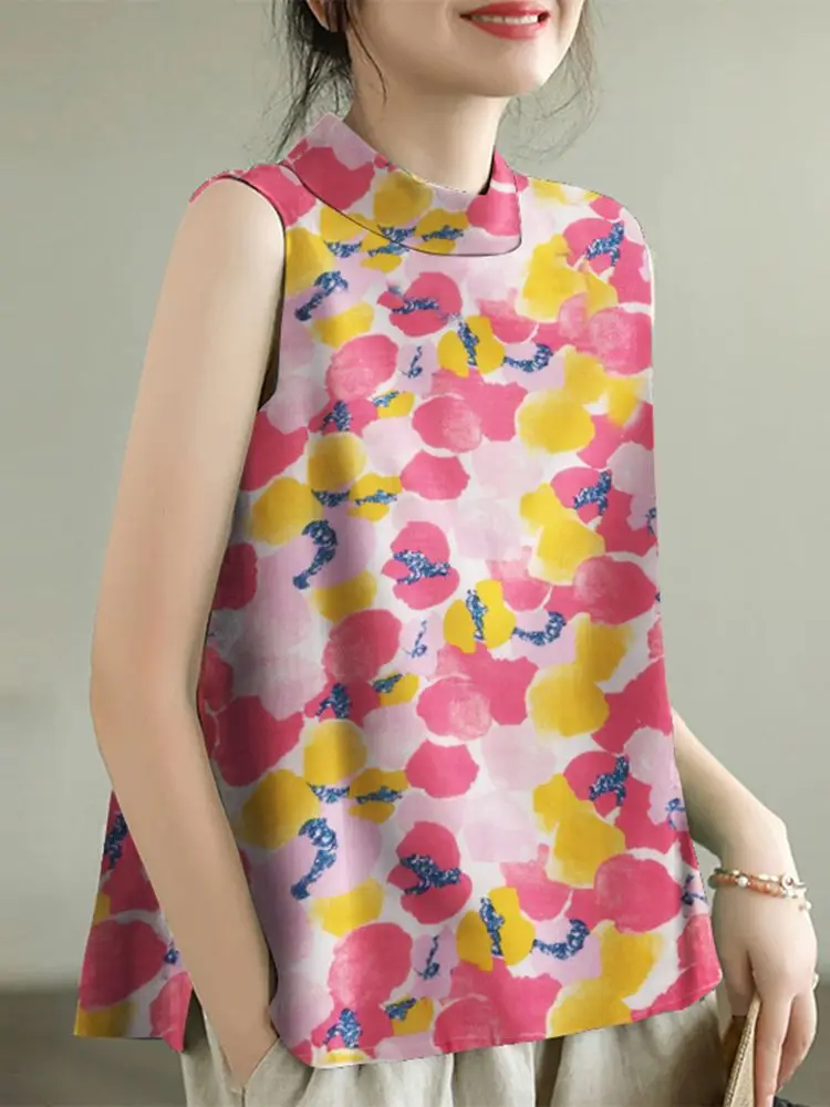 ZANZEA Women Printed Tank Tops 2024 Holiday Sleeveless Tanks Summer Casual Loose Tunic Vintage Stand Collar Party Camis Oversize