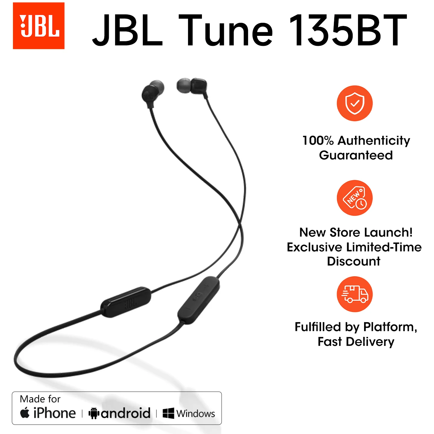 JBL Tune 135BT Wireless Bluetooth Headphones, In-Ear Sports Wireless Headphones, Long Battery Life, Quick Charging,black