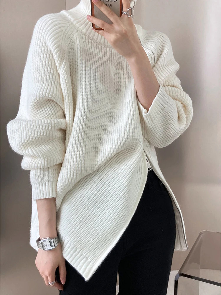 LANMREM Women Knitted Sweater Turtleneck Solid Color Zipper Style Female Fashion Outwear Warm Clothes 2024 Autumn Winter 2DA8028